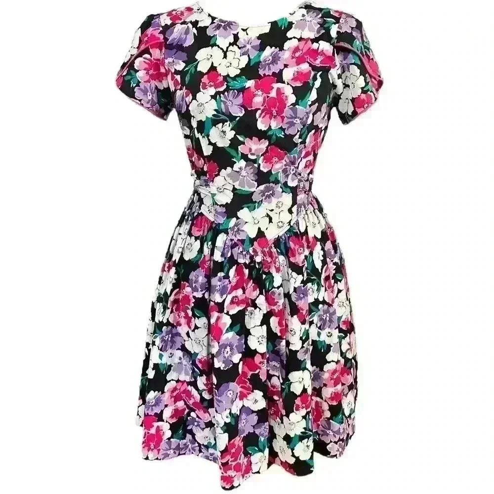 Vintage 80s Floral Dress Open Back Knee Length Skirt Size Small